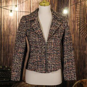 White House Black Market Jacket, Size 2P, Tweed Moto Multicolor Zip